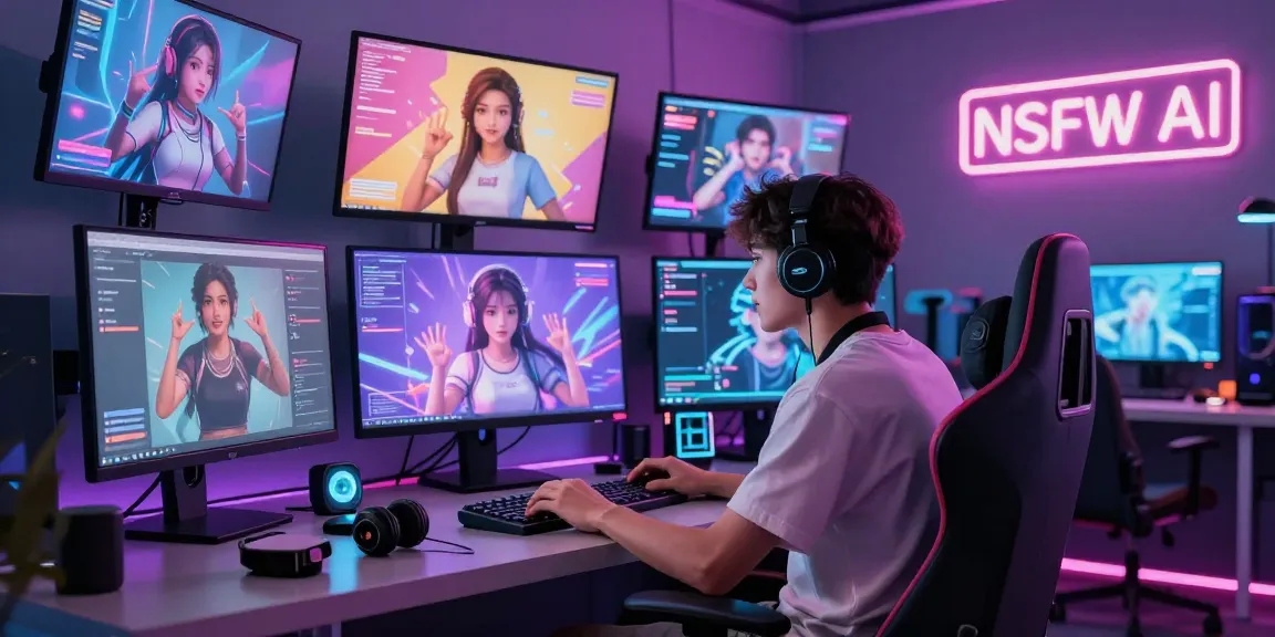 User interacting with nsfw AI characters in a vibrant digital workspace with futuristic lighting and multiple screens.