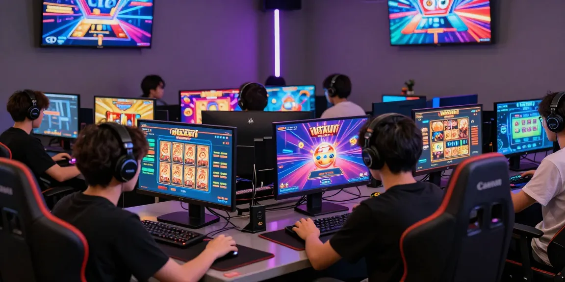 ngamenjitu gaming enthusiasts enjoying vibrant online lottery and slot games in a modern gaming lounge