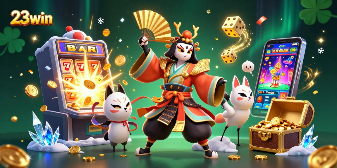 Win big at 23win with a vibrant 3D casino-themed illustration showcasing dynamic gambling elements.