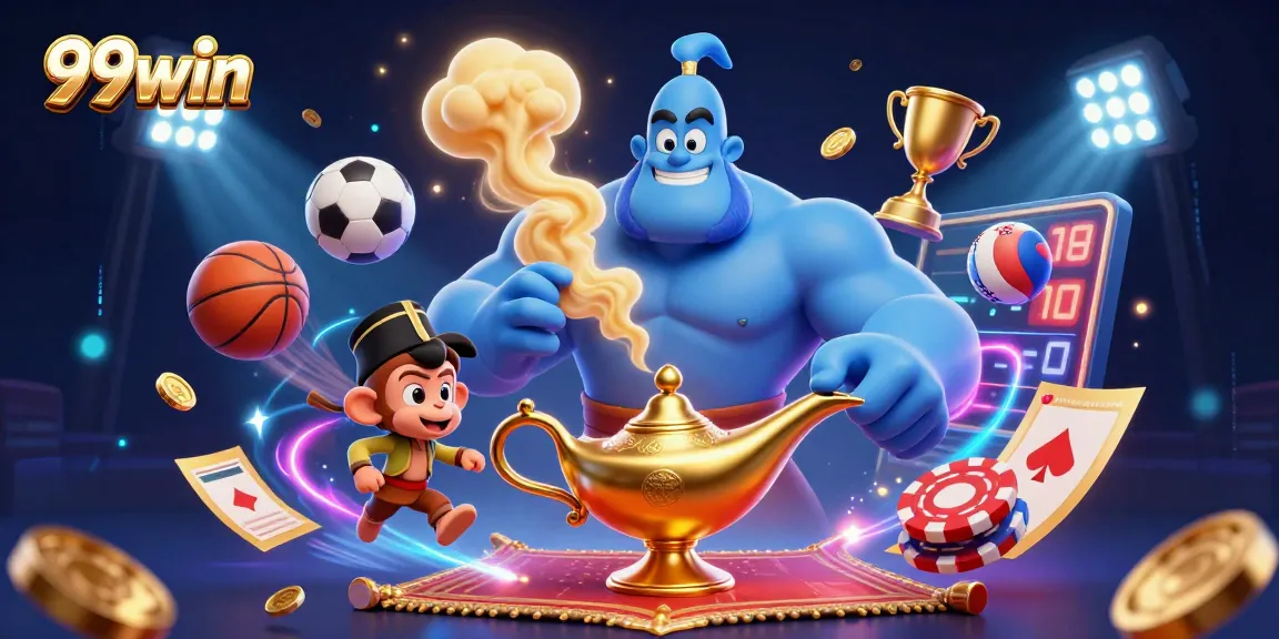 Win big at 99win with thrilling casino action and vibrant gaming elements, featuring a magical genie and poker chips.