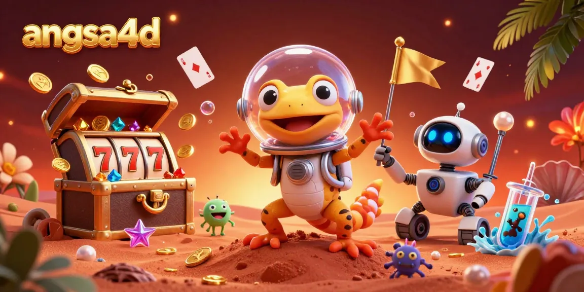 Engage with angsa4d in a vibrant 3D scene showcasing a Martian gecko in a casino setting filled with treasures and fun.