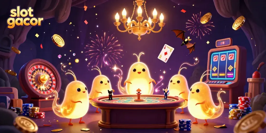 Experience the thrill of slot gacor with dazzling glowworms illuminating a vibrant cave casino.