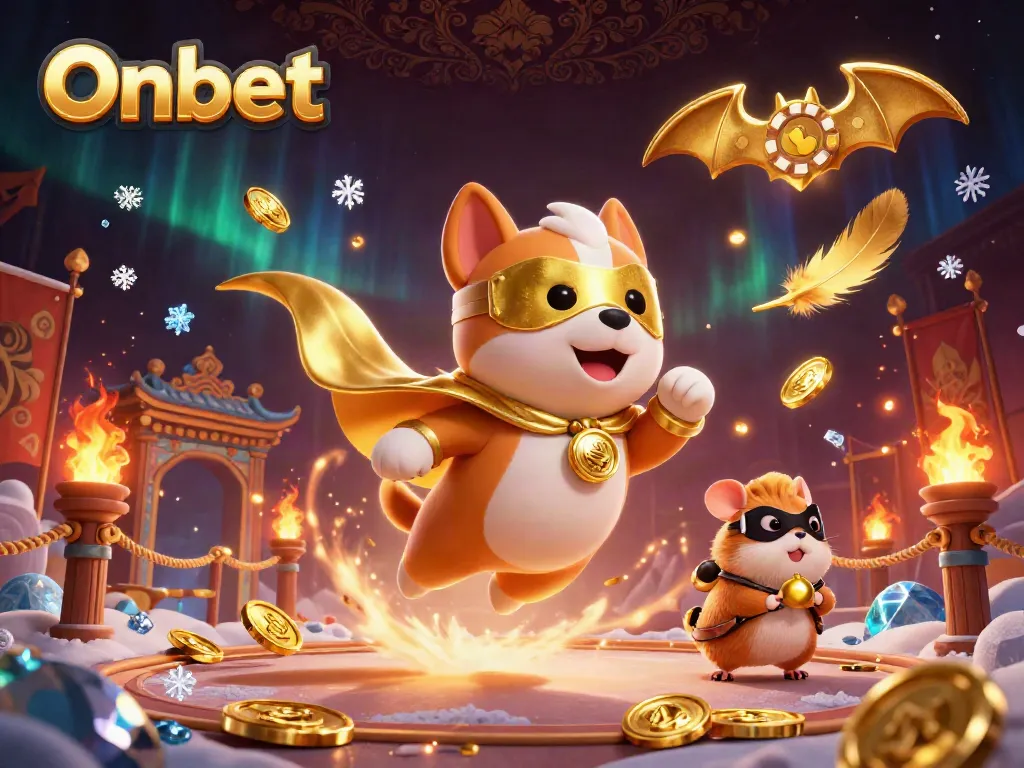Onbet unleashes exciting casino action with a superhero dog and hamster duo amidst gold coins and vibrant gaming elements.