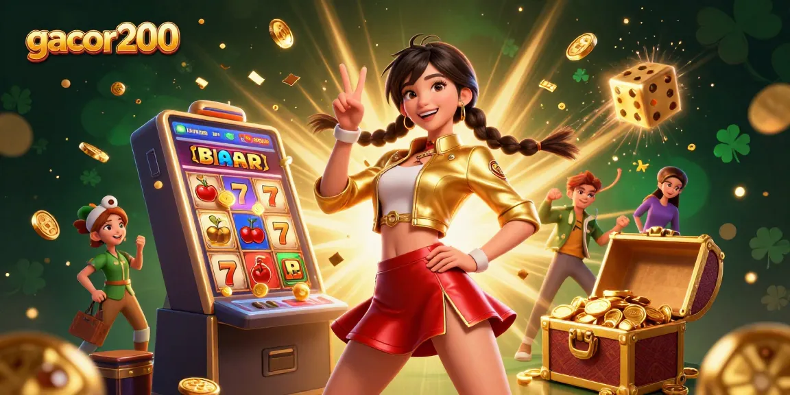 Experience vibrant gaming with gacor200's energetic characters and casino elements bursting with excitement.