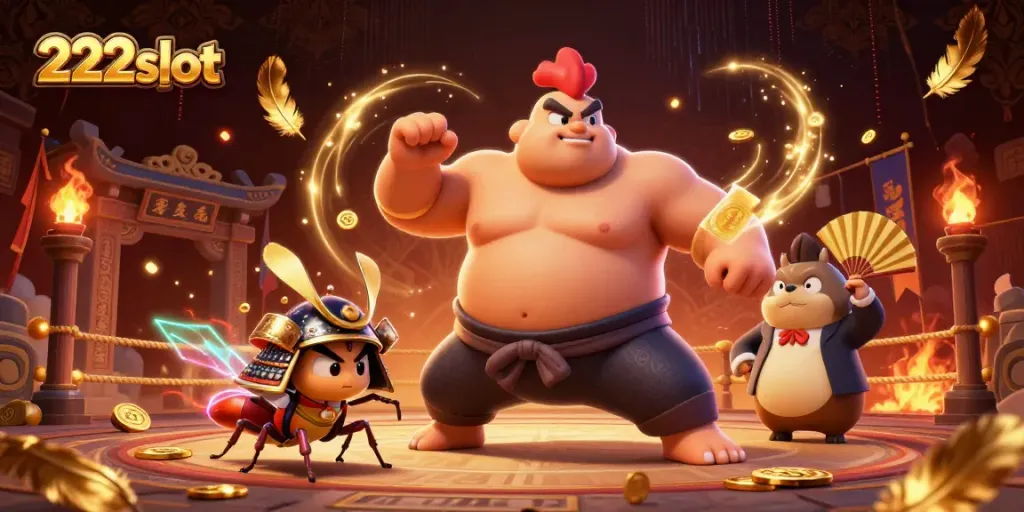Permainan seru di 222slot dengan petarungan ayam sumo dan serangga, menampilkan momen kemenangan.