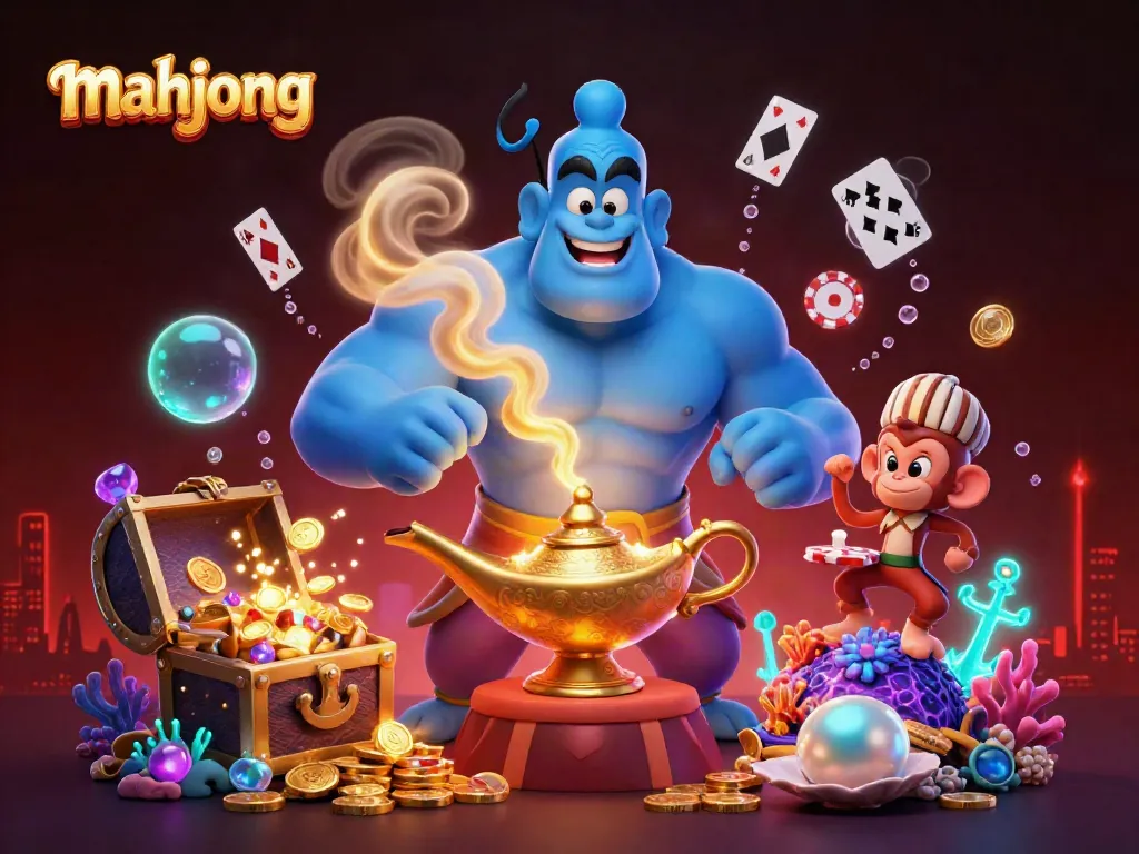 Menangkan jackpot dalam permainan mahjong dengan genie dan harta karun mencolok.