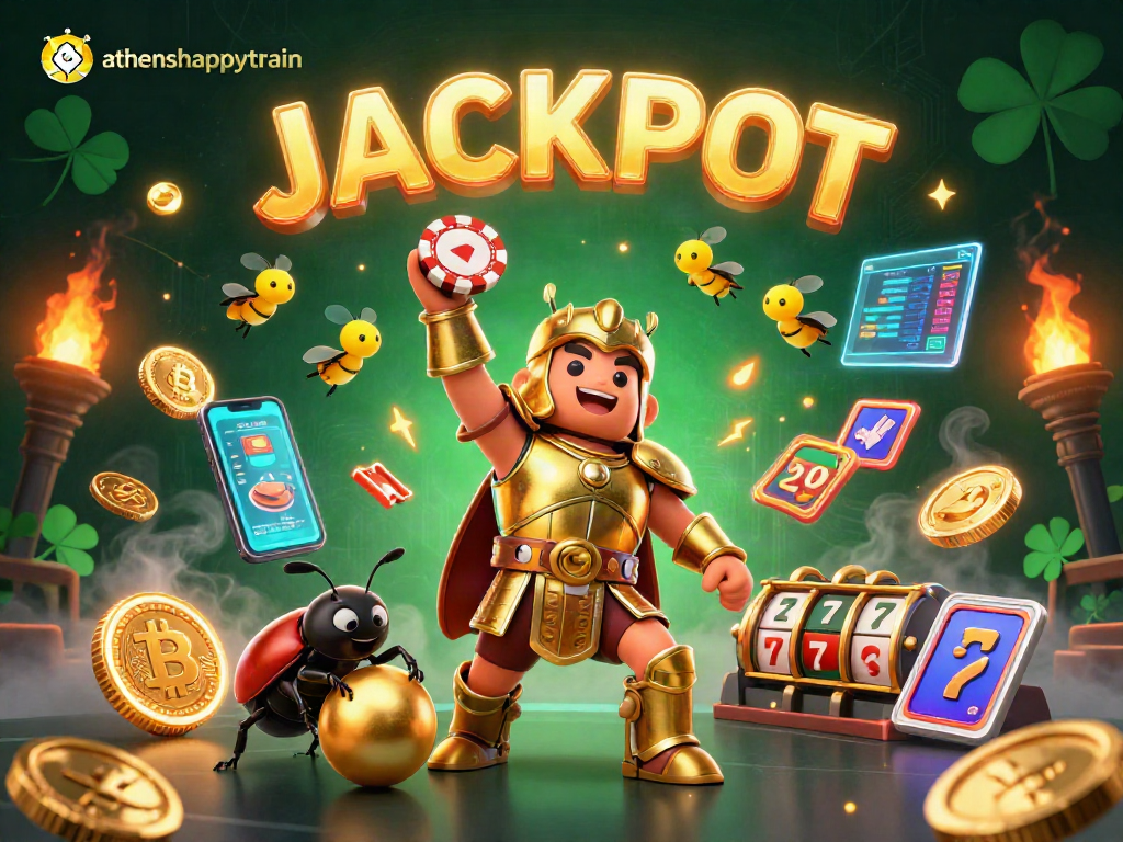Experience exciting wins with athenshappytrain featuring a heroic beetle lifting a poker chip amidst vibrant casino elements.