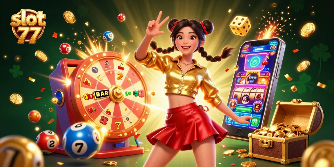 Play slot 77 and win big with exciting casino rewards in a vibrant 3D scene.