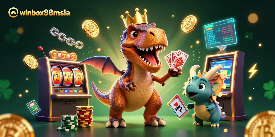 Winbox88msia illustrates an exciting online casino scene with vibrant characters and gambling elements.