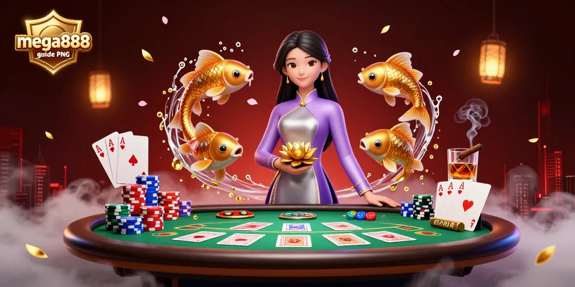 Experience thrilling gameplay with the mega888 guide PNG featuring an Asian woman and dynamic casino elements.