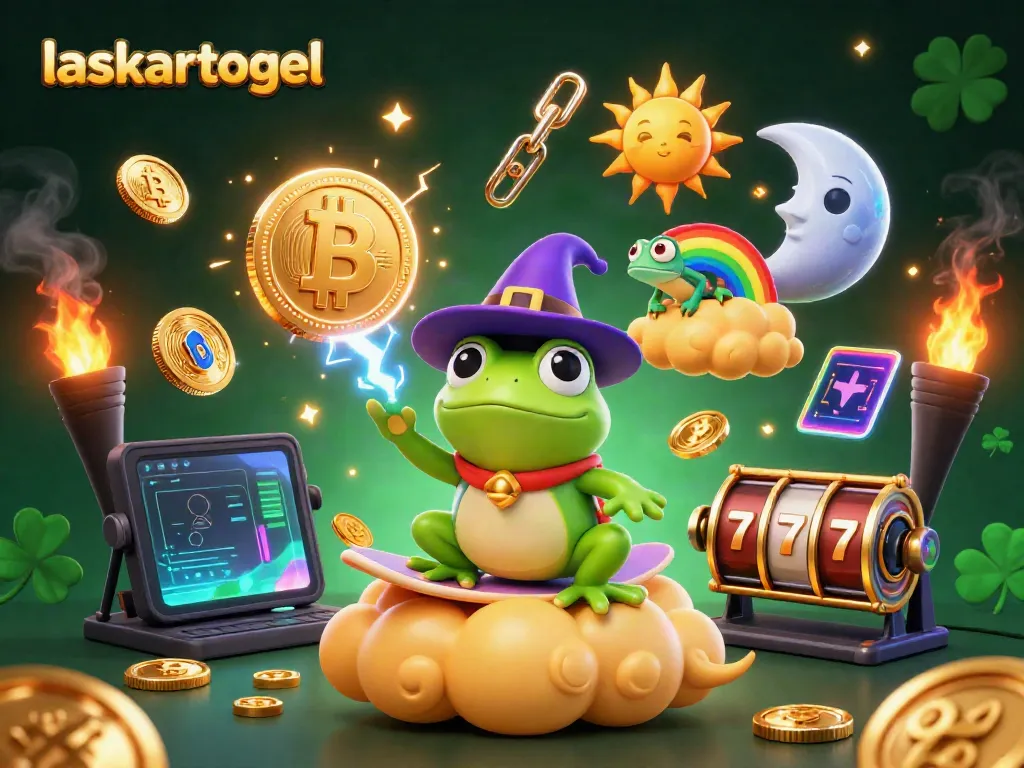 Experience the thrilling whirlwind of laskartogel with magical characters amidst golden coins and crypto elements.