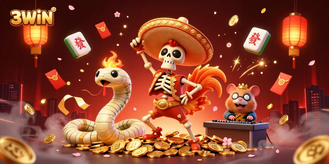 3WIN showcases a vibrant, dynamic scene of a cartoon skeleton mariachi rooster celebrating atop gold coins, with festive game elements around.