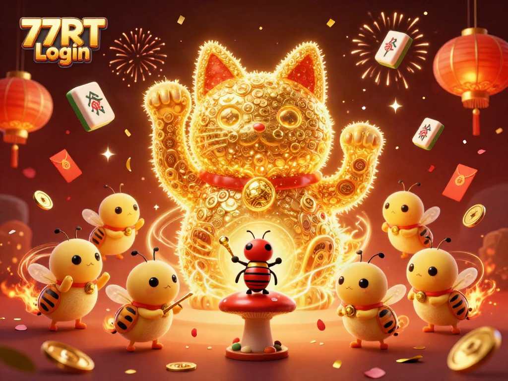 Experience thrilling wins with 77RT Login, featuring a vibrant lucky cat in a dynamic casino scene.