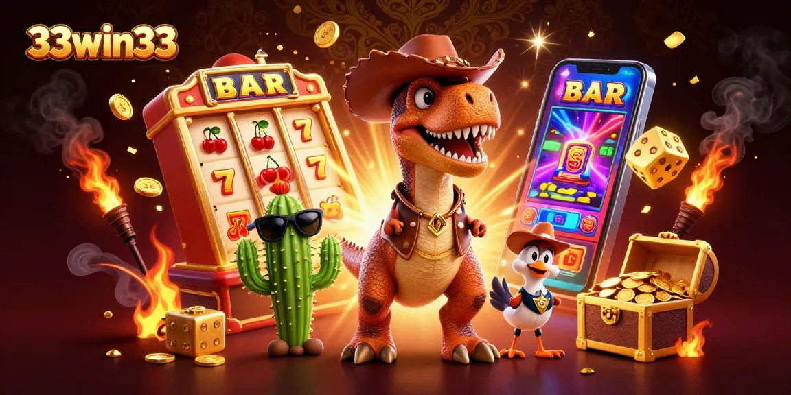 Experience the excitement at 33win33 as cartoon characters celebrate a jackpot explosion amidst vibrant casino elements.