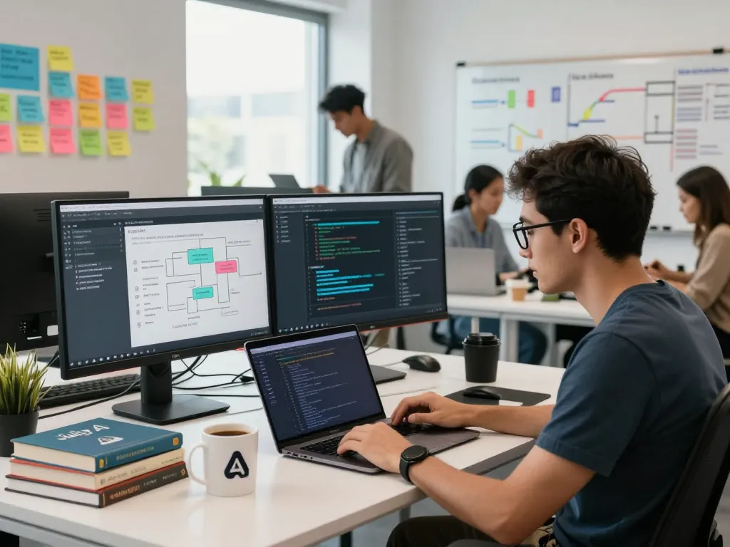 Engineer developing the Juicy AI chatbot in a modern workspace with dual monitors and collaborative atmosphere.