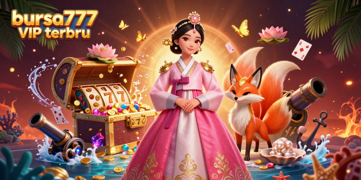 Bursa777 VIP terbaru showcases an elegant Asian woman with a lucky fox, rich in vibrant casino elements.