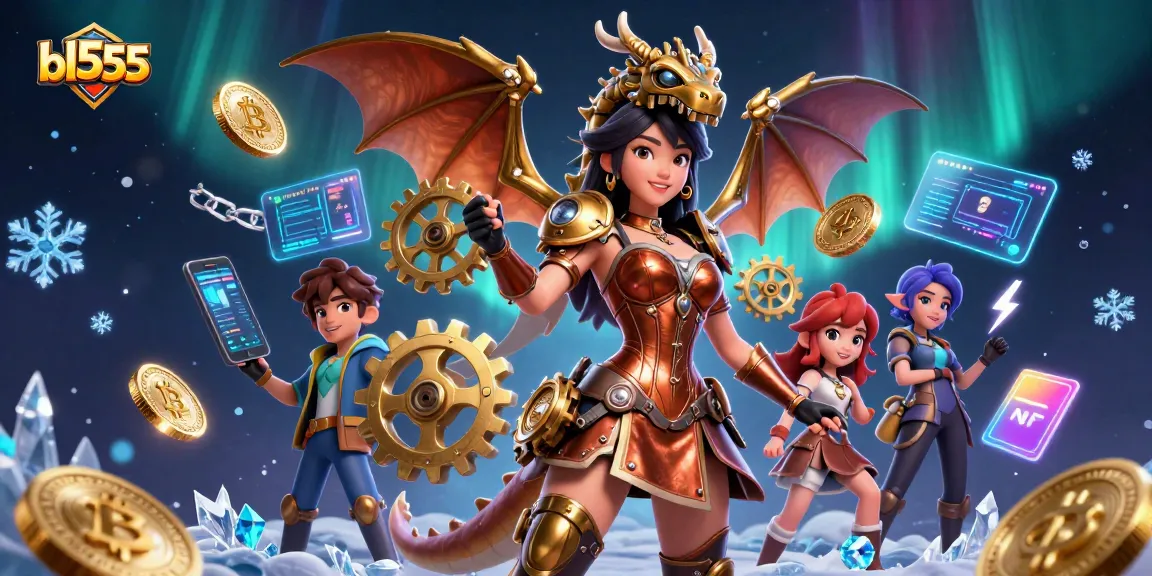 Play slots with bl555 featuring a steampunk dragon among neon crypto elements in a vibrant casino