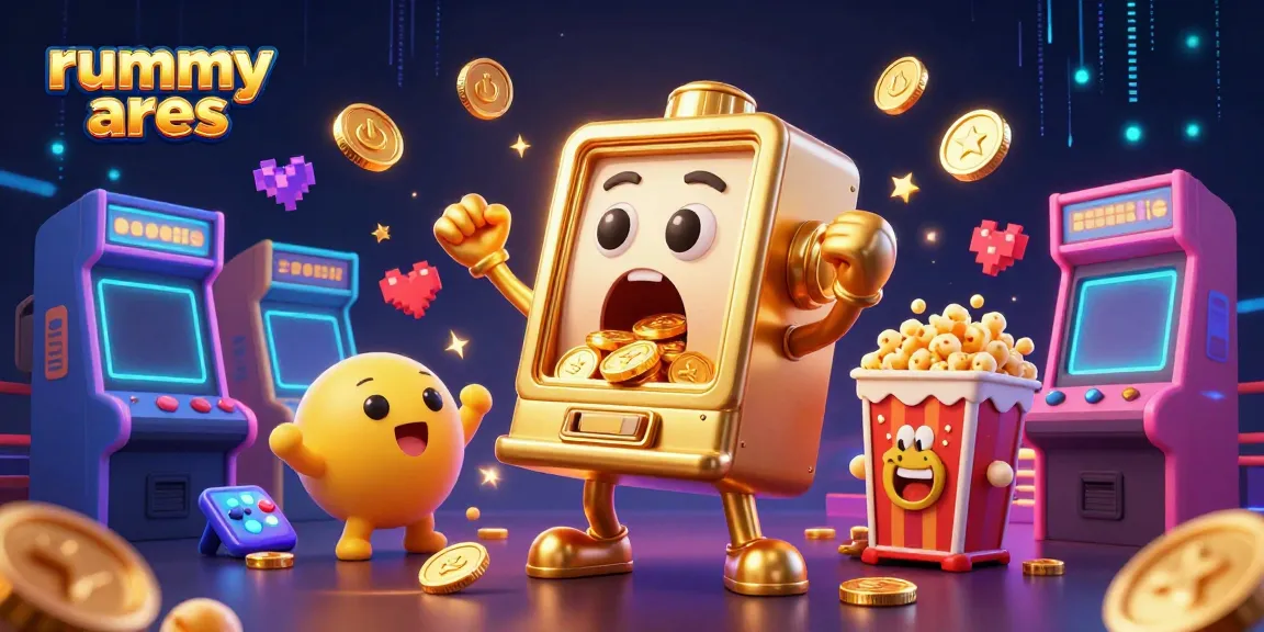 Engage with rummy ares in a vibrant scene of winning excitement, featuring animated slot machines and golden coins.