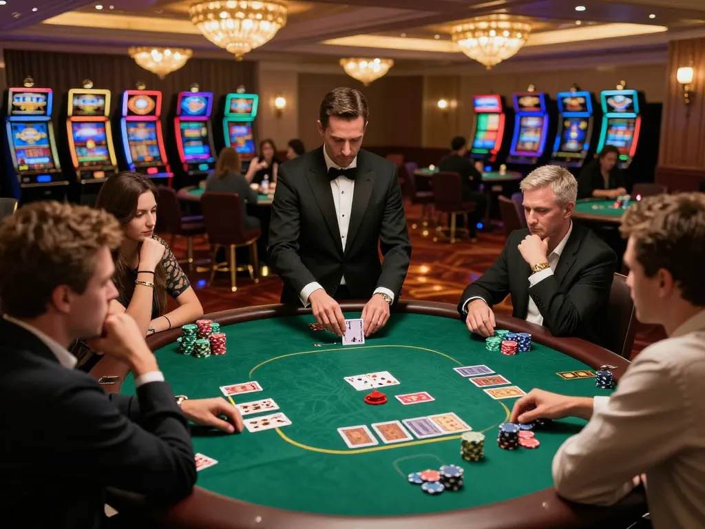 Players engage in a tense poker game at an upscale casino featuring n188 green felt tables.