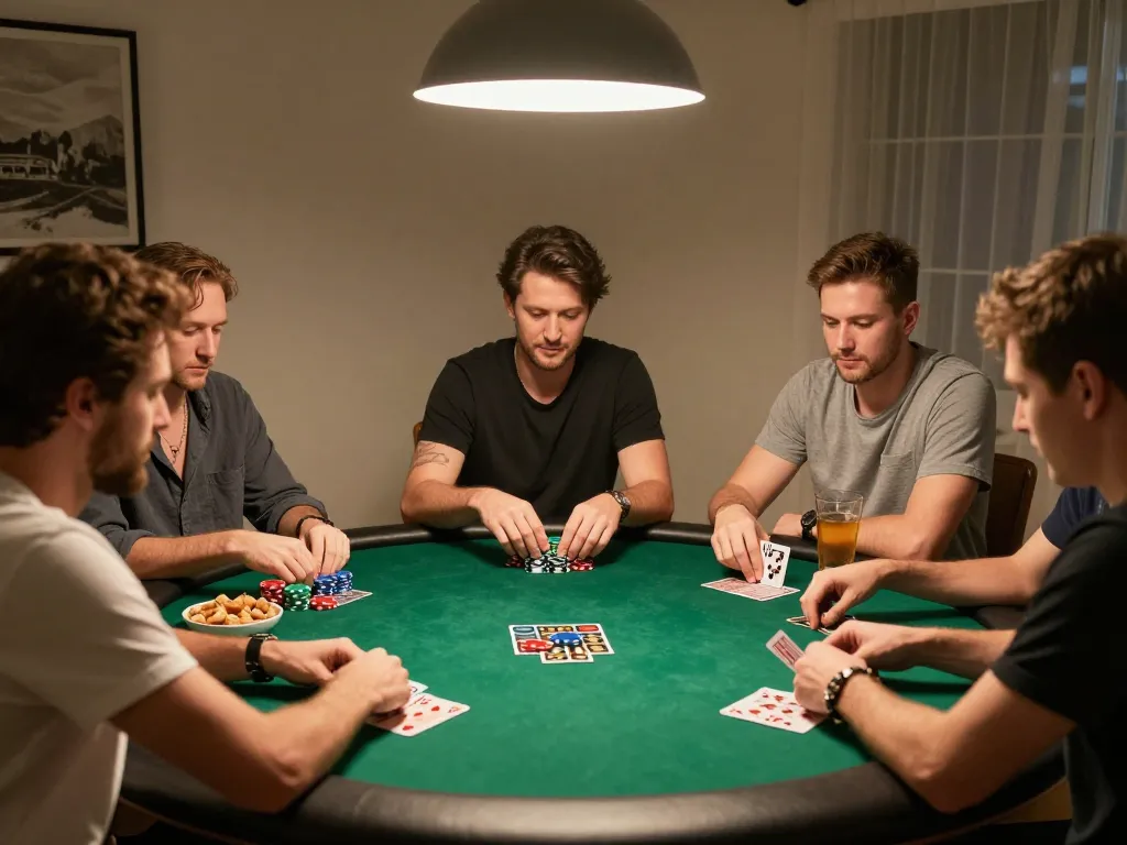 Friends playing poker at home, showcasing strategic gameplay and social interaction with uu88 branding influential in their gaming experience