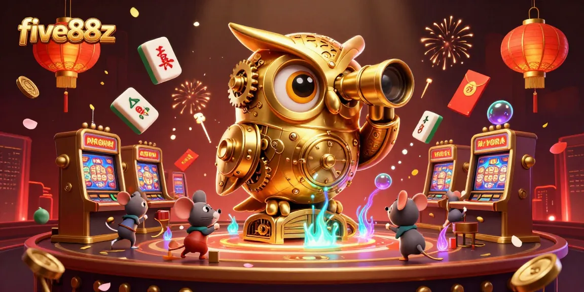 The five88z casino experience is captured with a clockwork owl and dynamic slot machine elements.