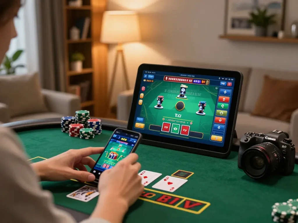 Player using 888vi app for live blackjack, enhancing online casino experience in stylish home