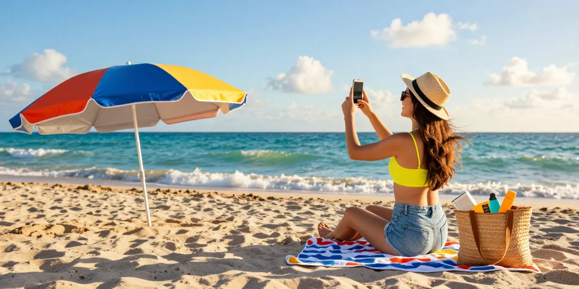 Pelancong menikmati pantai indah di Miami, menangkap momen ceria dengan smartphone sambil bersantai di bawah payung berwarna-warni.