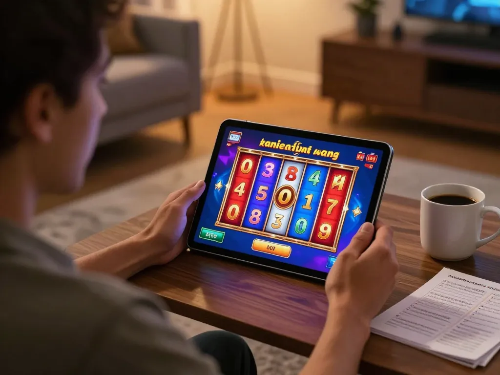 Engaging in situs slot gacor gameplay on a tablet in a cozy home setting