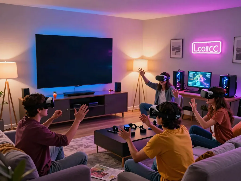 Friends enjoying akunjp gaming together in a vibrant living room