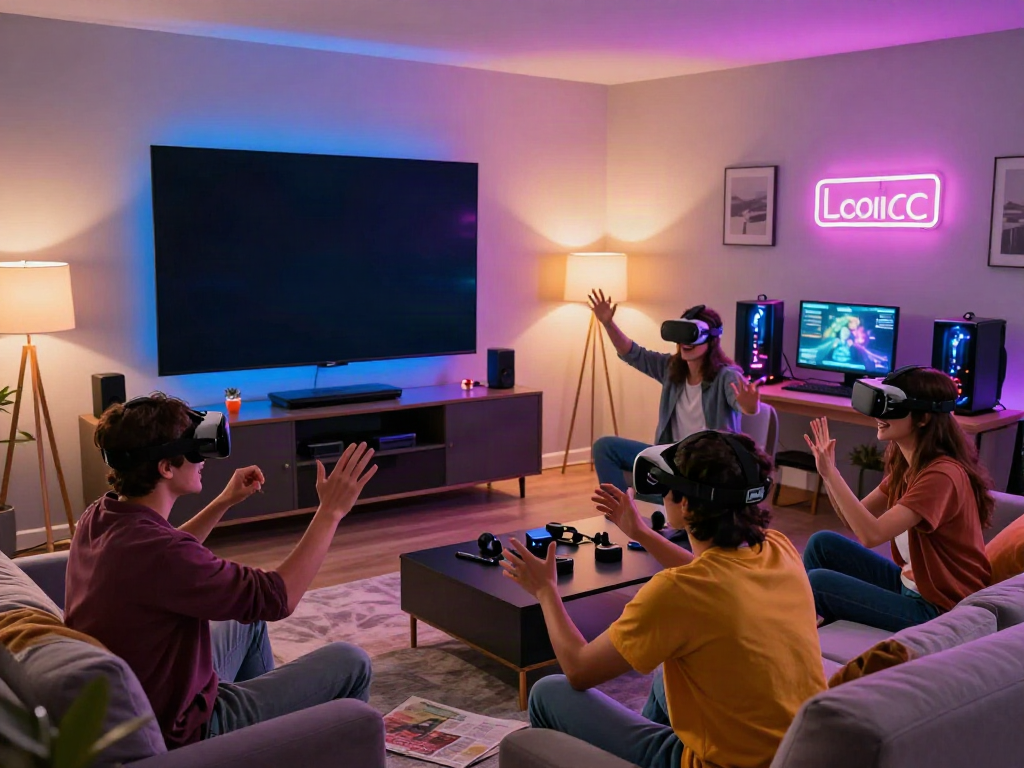 Friends enjoying akunjp gaming together in a vibrant living room