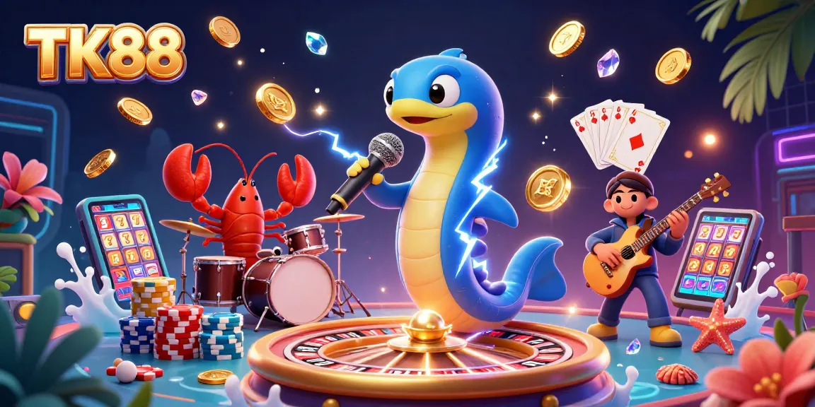 Engage with the vibrant TK88 underwater adventure featuring an electric eel DJ and casino elements.