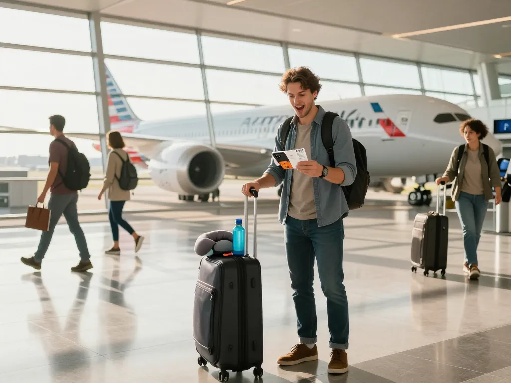 Traveler checking in for flight on American Airlines 789P at airport terminal.
