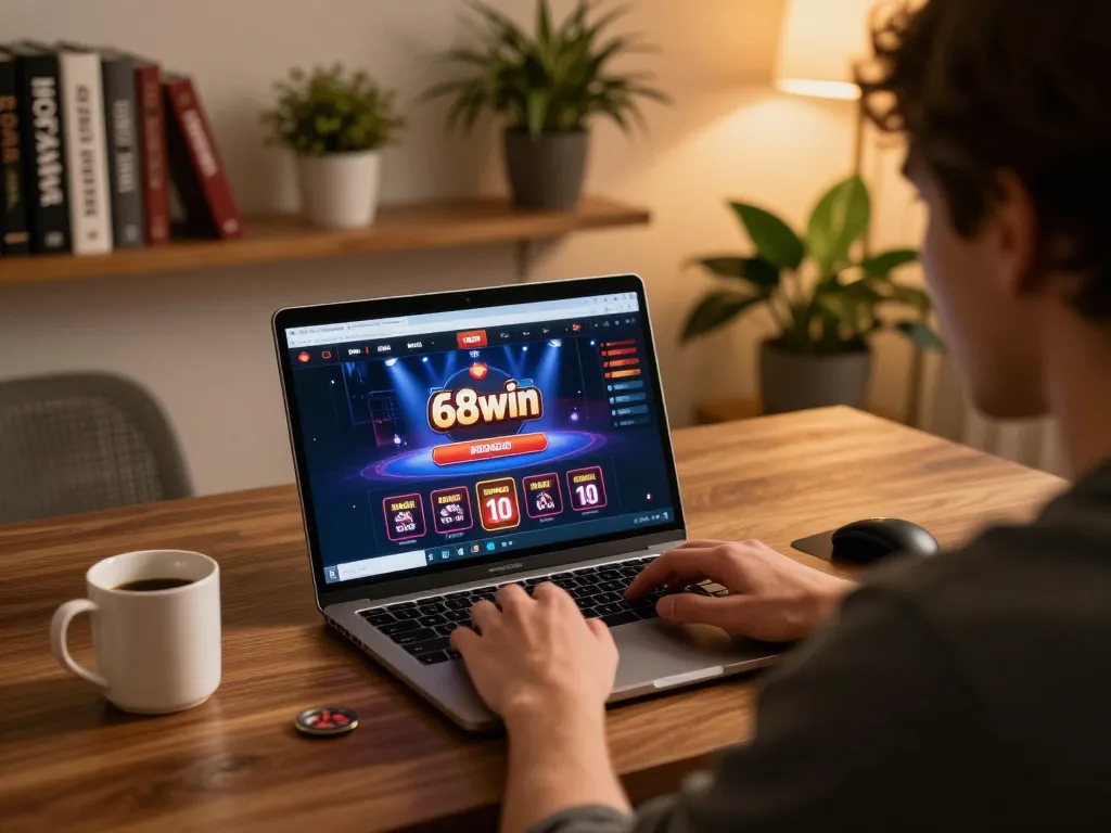 Engaged player enjoying 68win online casino experience on laptop with warm lighting