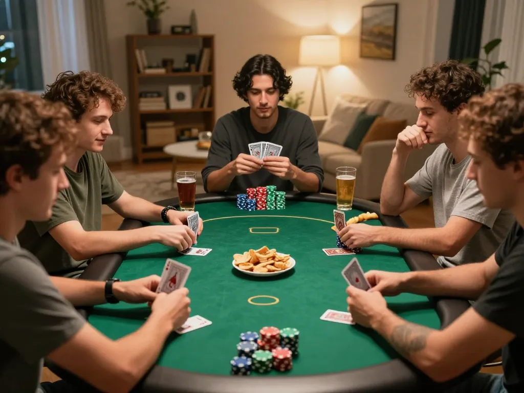 Friends enjoying a strategic poker game at home, showcasing engaging moments with nego77 chips and cards.