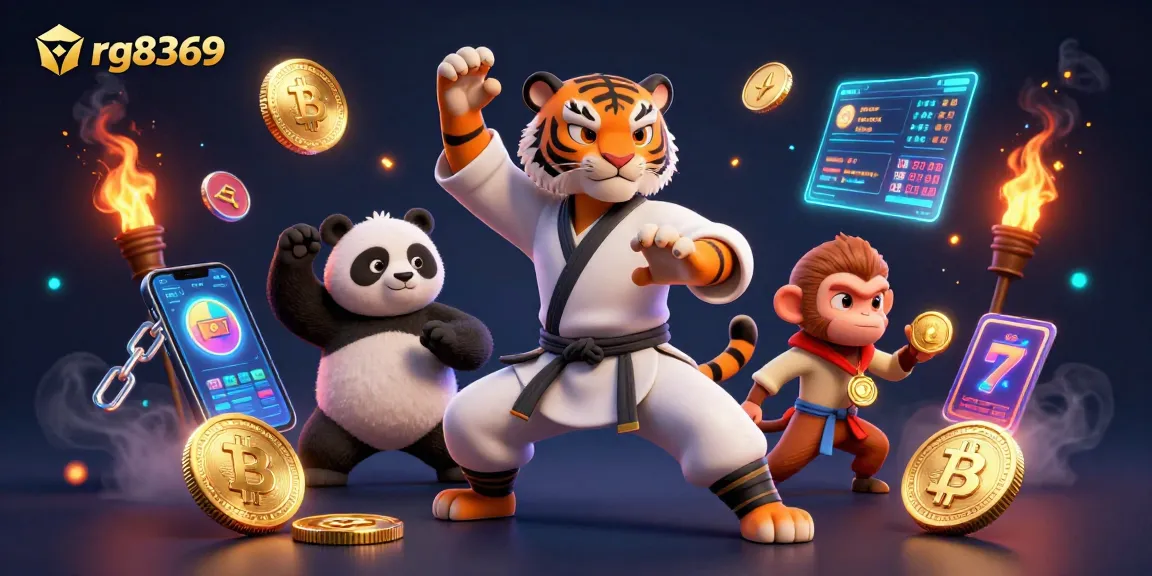 Bet on exciting games at rg8369, featuring a kung fu tiger master in action amidst vibrant casino elements.