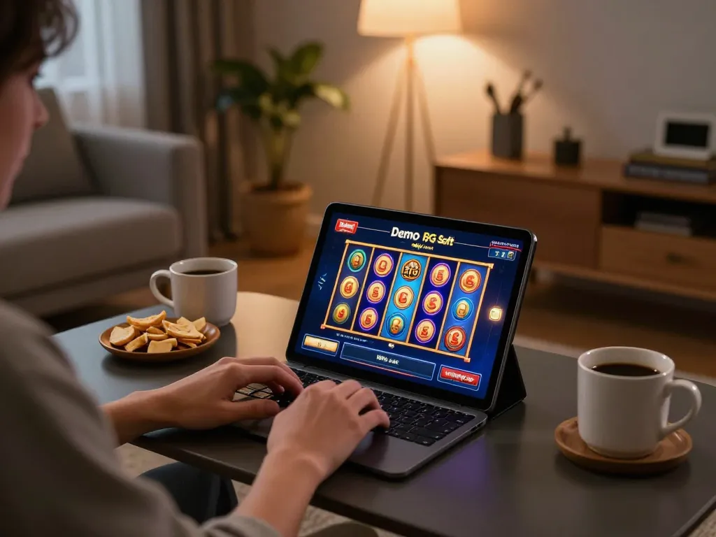 Bermain Demo Slot PG Soft Mirip Asli di tablet dalam pengaturan permainan rumah yang nyaman.