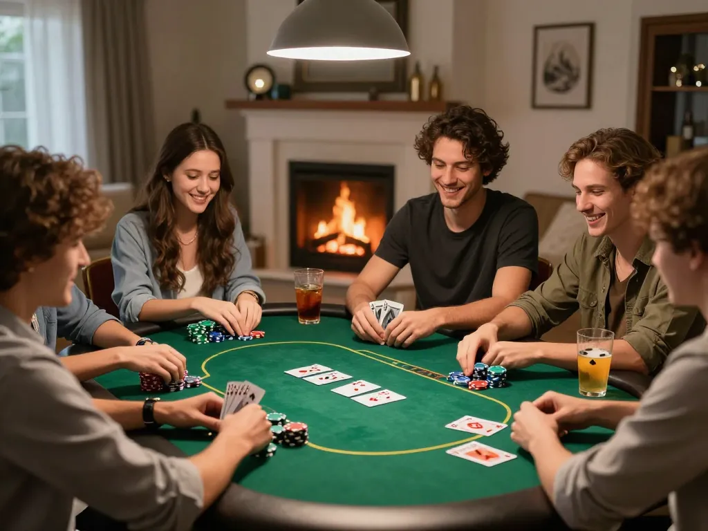 Teman-teman menikmati malam poker yang menyenangkan di rumah dengan DEWI123, merencanakan strategi di atas chips dan kartu.