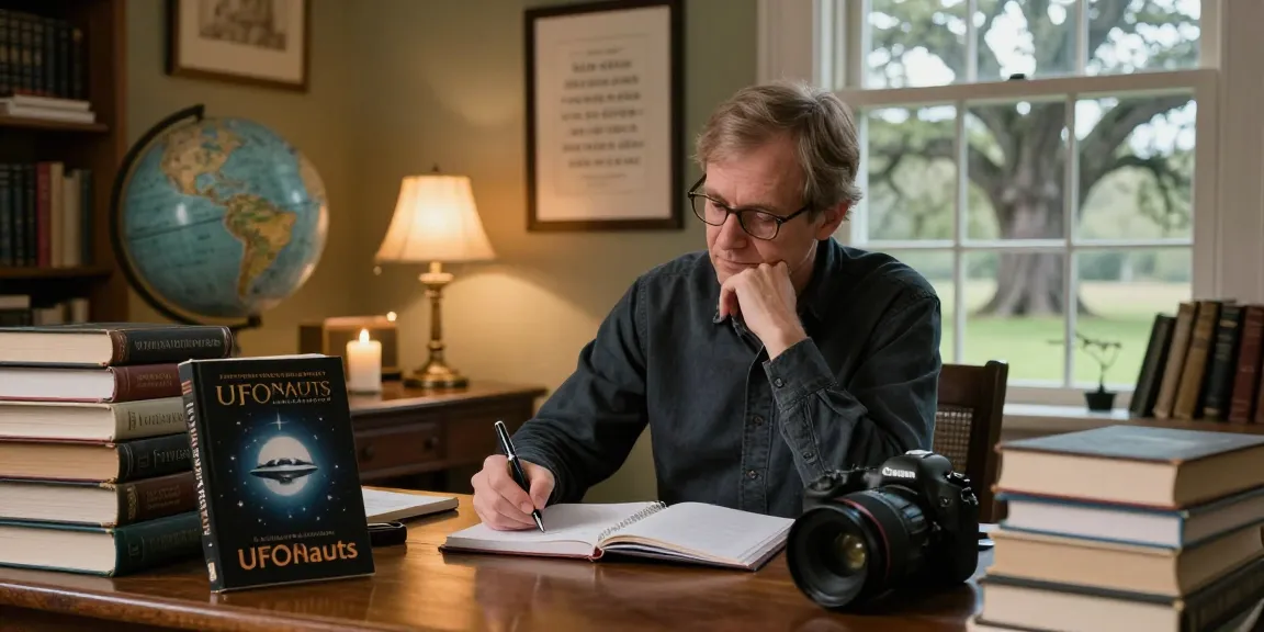 T. Allen Greenfield writing about spirituality and UFOs at https://tallengreenfield.com in a cozy library.
