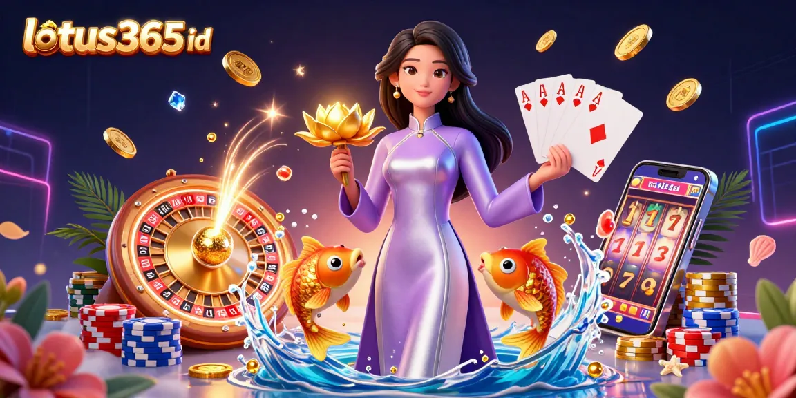 Engage with the vibrant lotus365 id scene featuring a graceful Asian woman with a golden lotus flower amidst swirling koi fish and dynamic casino elements.