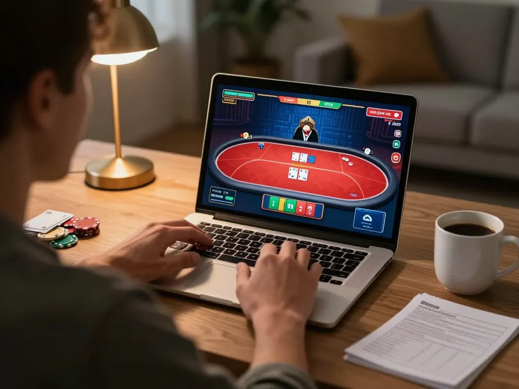 Player immerses in sc88e poker game session on laptop, showcasing responsible online gaming.