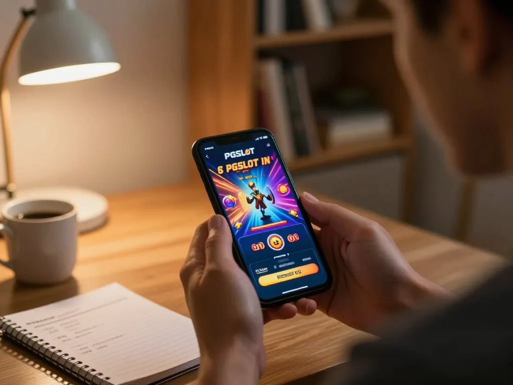 Engaging player enjoying PGSLOT IN on smartphone in cozy living room setting.