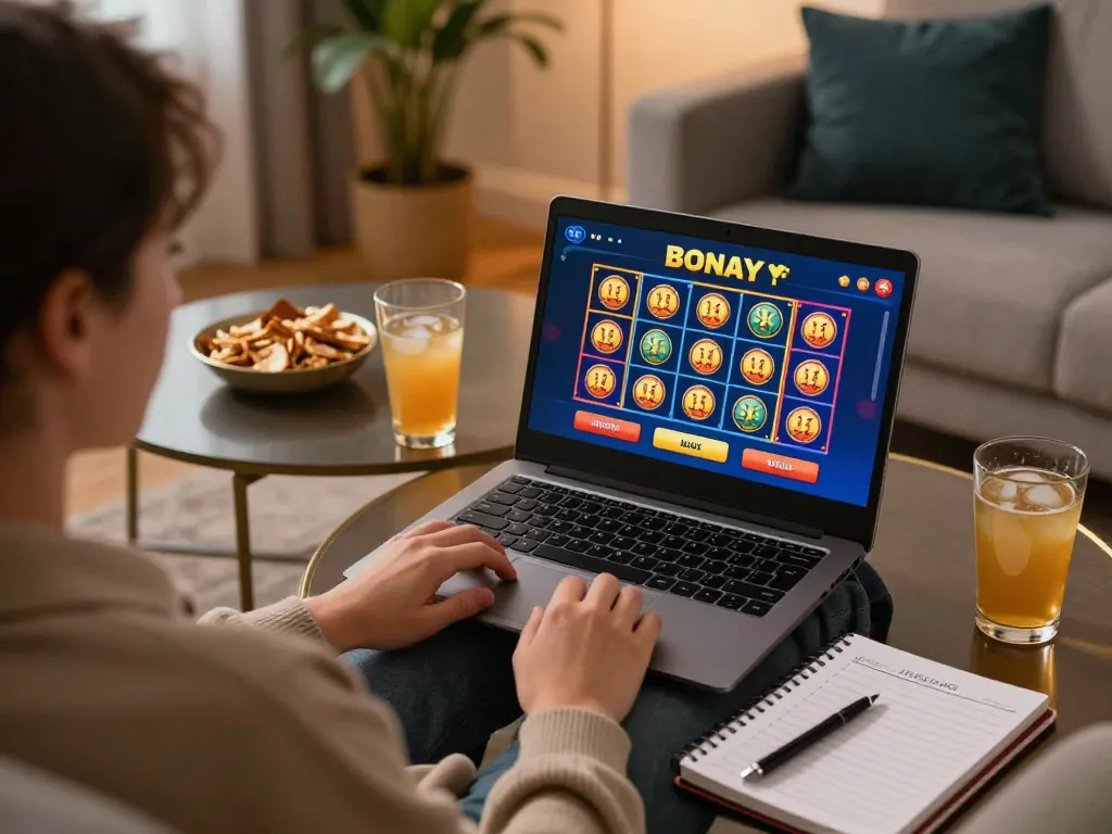 Engaging in bonus buy slots UK gaming on a laptop in a cozy home setting.
