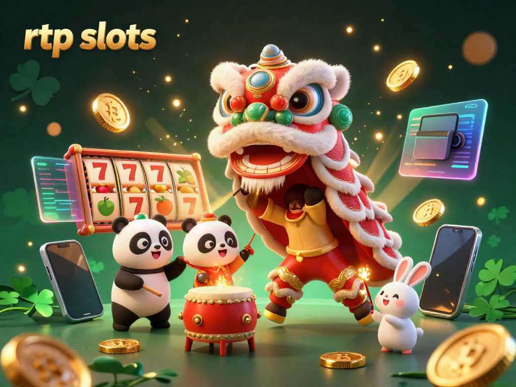 Engage with rtp slots in a vibrant 3D scene featuring slot reels, dancing characters, and crypto elements.