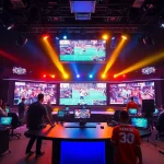 Dynamic sports broadcasting studio showcasing live events with vibrant action and technology.