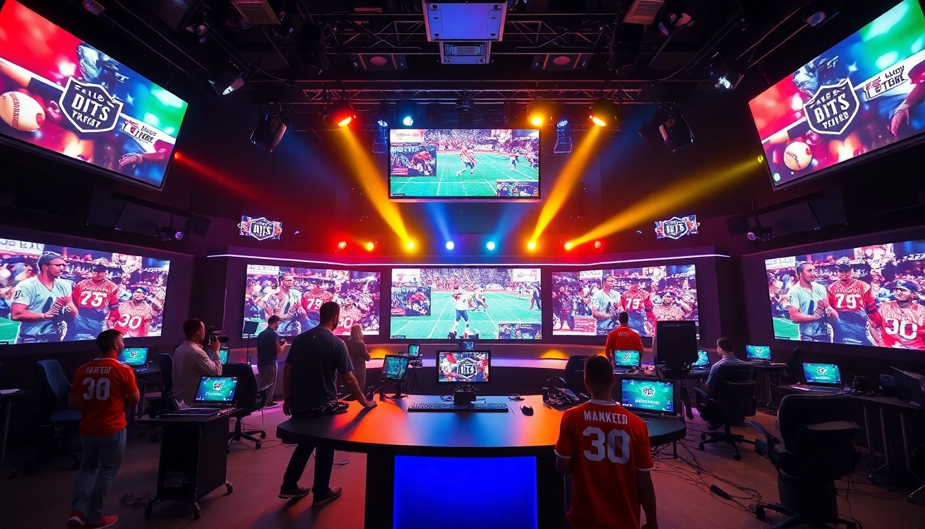 Dynamic sports broadcasting studio showcasing live events with vibrant action and technology.