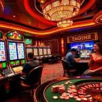 Players enjoying the excitement of a slot mahjong machine in a vibrant casino setting.