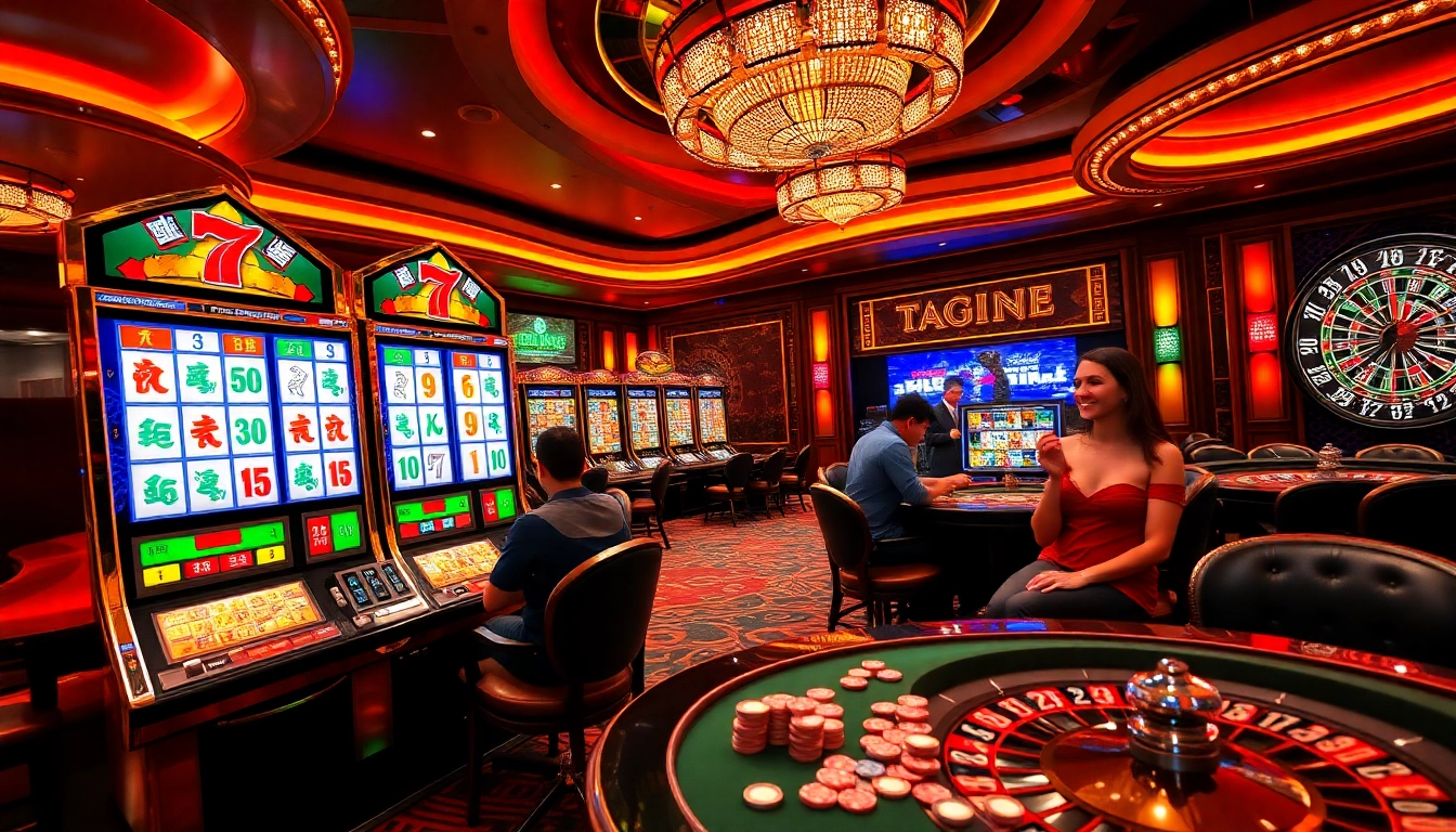 Players enjoying the excitement of a slot mahjong machine in a vibrant casino setting.