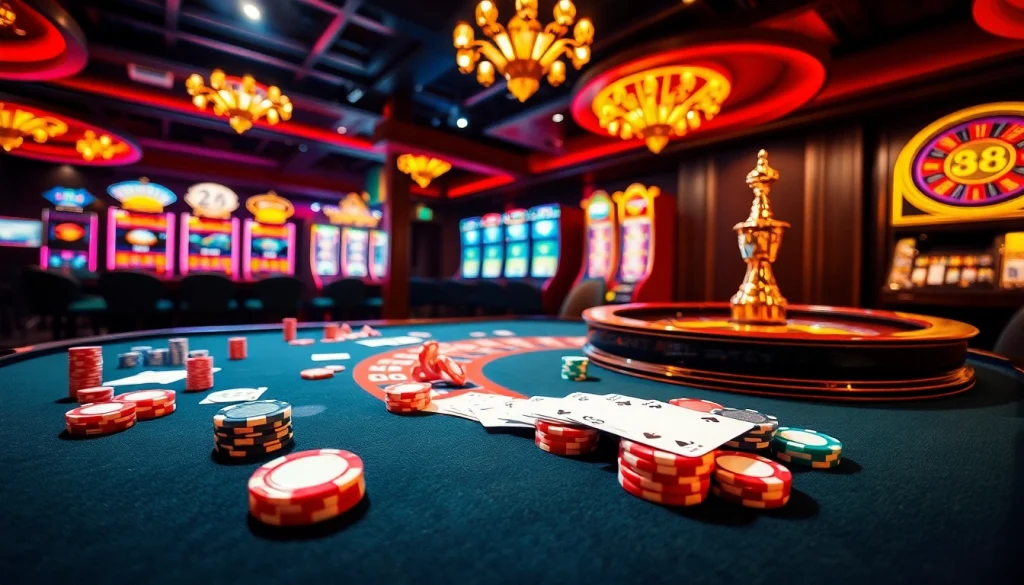 Engaging gaming scene showcasing TRANG GAME B8 with casino tables and vibrant slot machines.