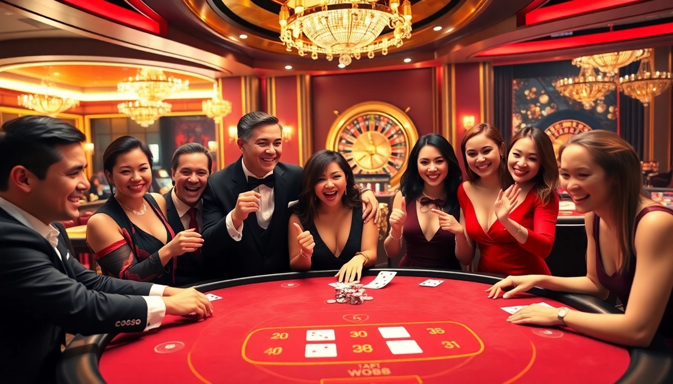 Excited players enjoying a game at Nhà cái WW88's elegant poker table with vibrant casino decor.