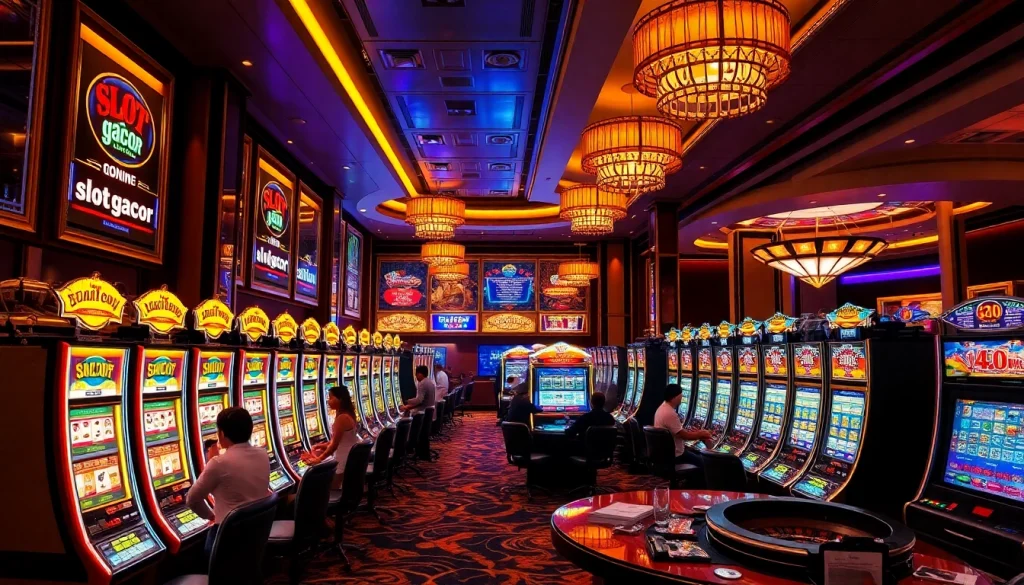 Experience the thrill of slot gacor machines in a vibrant casino with players eagerly winning.